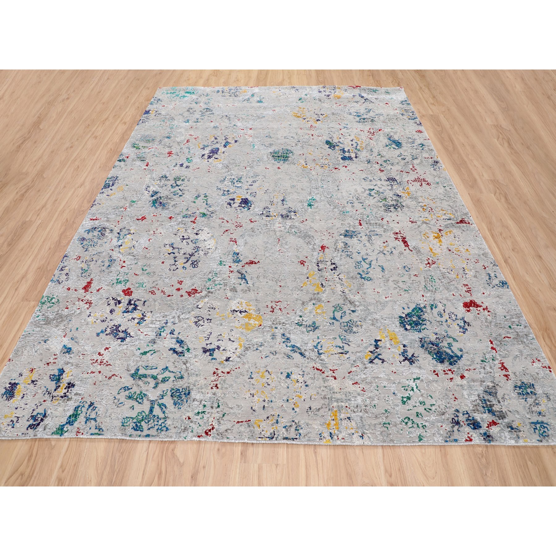 9'x12' Gray Sari Silk With Textured Wool Transitional Design Hand